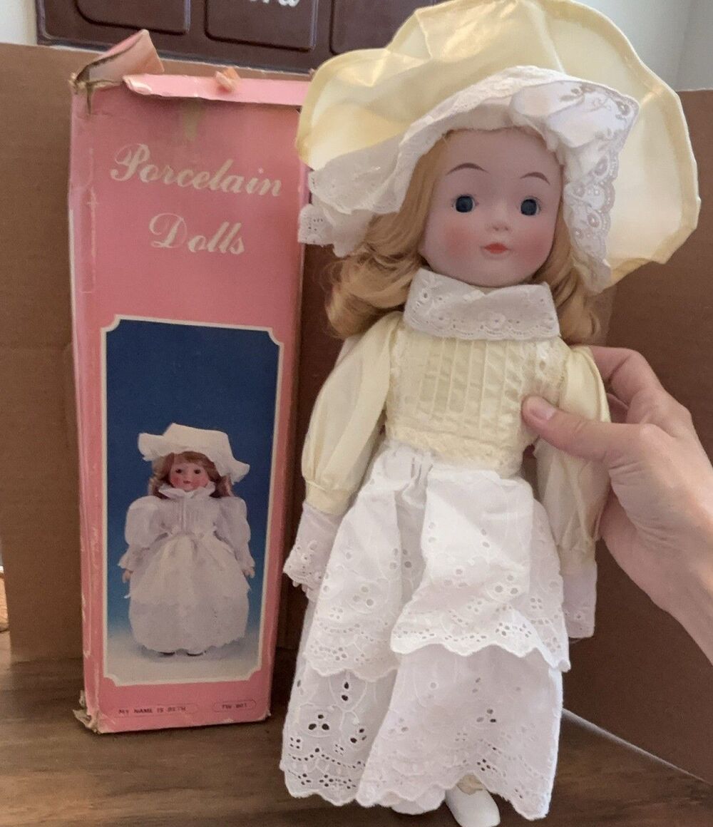 Beth TW 801 Porcelain Girl Doll Blond Curly Hair Blue Eyes White Dress, In Box